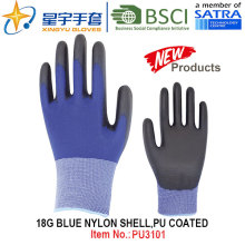 Gants en caoutchouc en caoutchouc bleu nylon 18g (PU3101) avec CE, En388, En420, Gants de travail